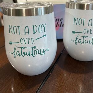 Stainless Steel Wine Tumblers - Shimmery White NEW with stainless steal straws.